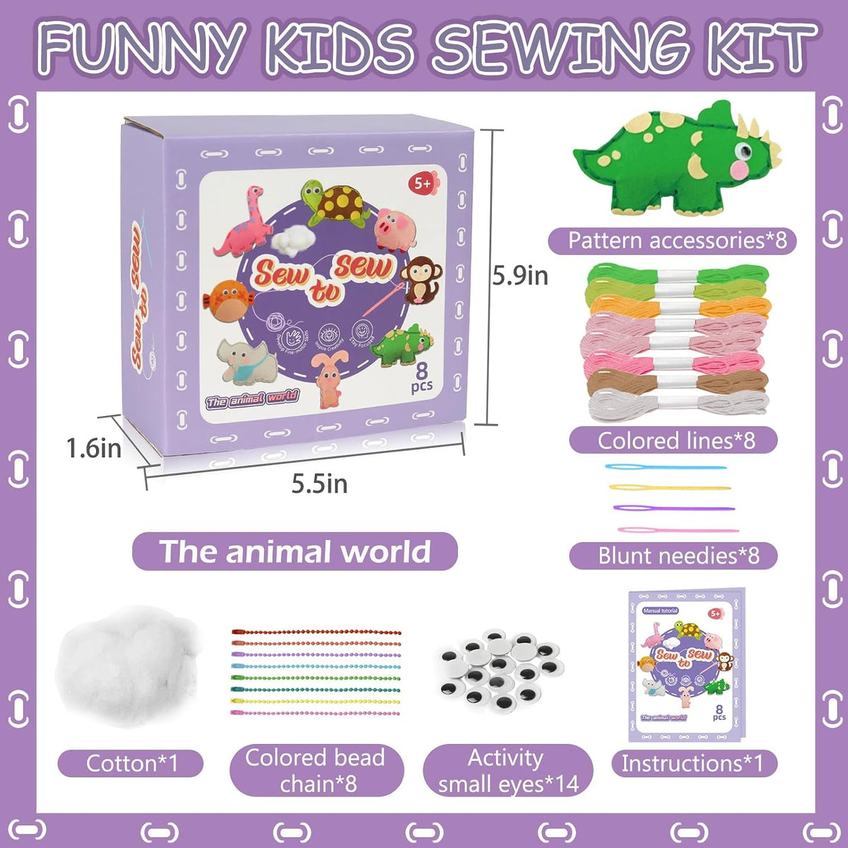 Kid Felt Sewing Kits for Beginners, DIY 8 Stuffed Animals for Kids Age 5-12