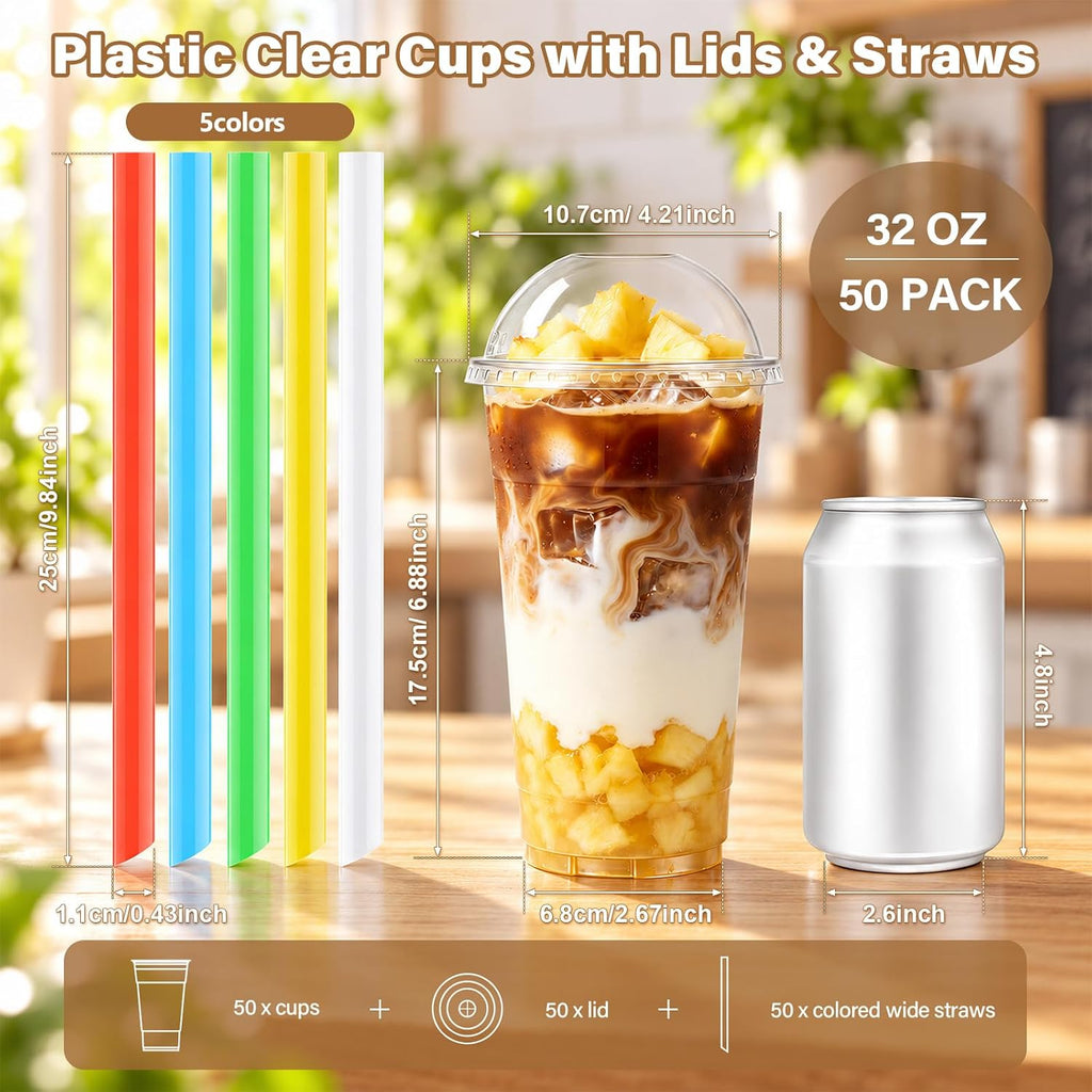 50pack 32oz Clear Plastic Cups with Dome Lids & Wide Color Straws