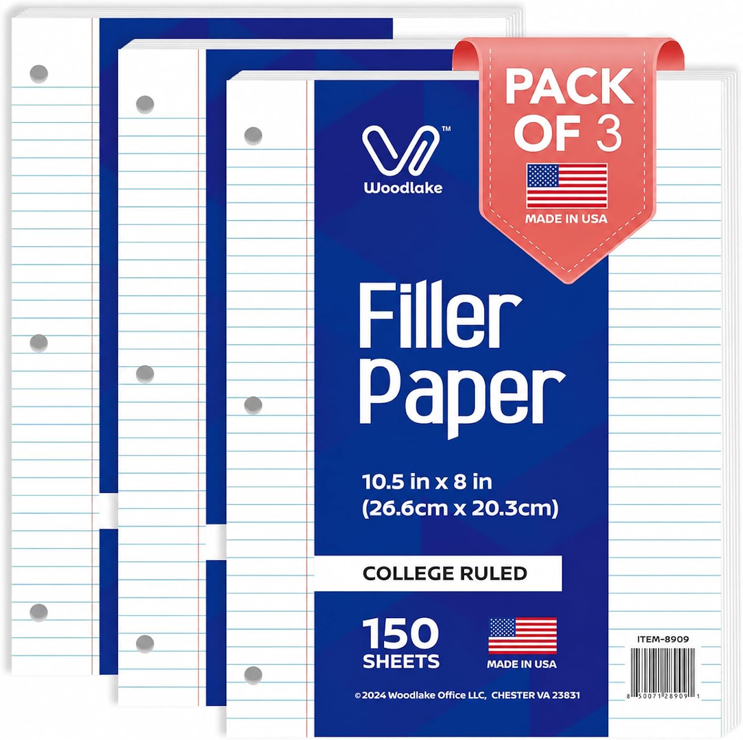 Loose Leaf Paper, College Ruled Notebook Paper, 8 x 10.5”, 150 Sheets per Pack, 3 Pack, Lined Filler Paper, 3 Hole
