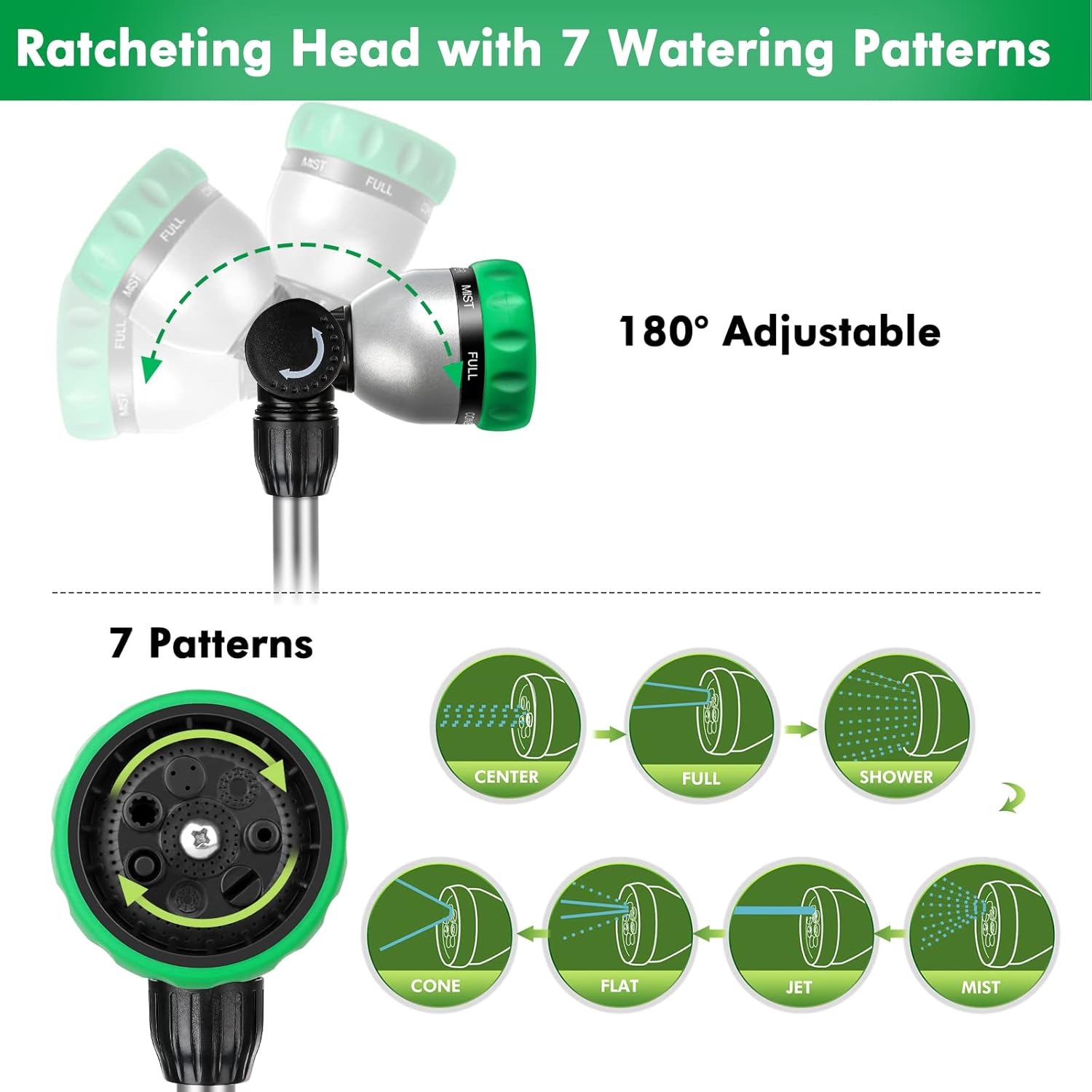 Metal Watering Wand, Heavy Duty Garden Hose Wand with 180° Swivel Ratcheting Head, 16-Inch Hose Nozzle Sprayer with 7