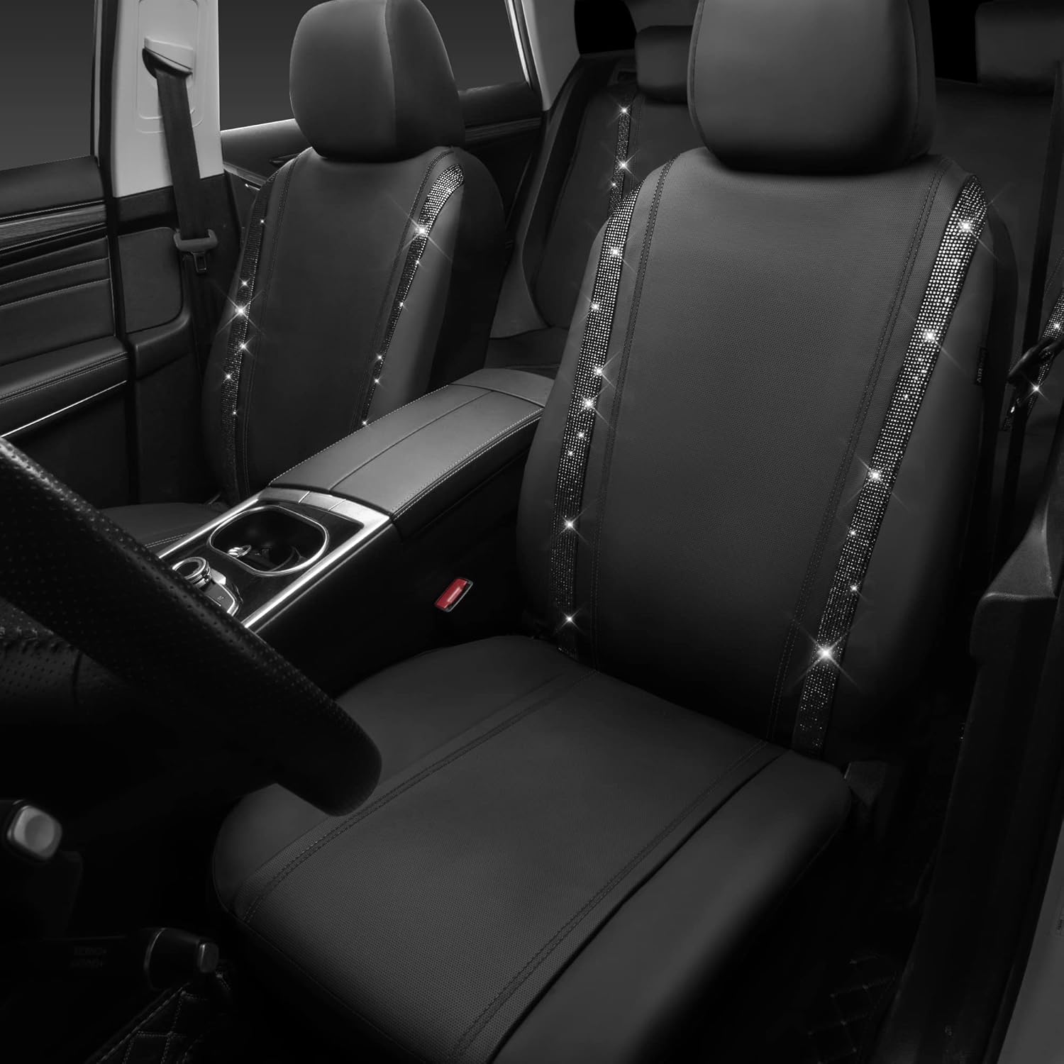 Leather Bling Diamond Car Seat Covers Full Set, Shining Rhinestone Waterproof Durable Rear with Zipper, Universal Fit
