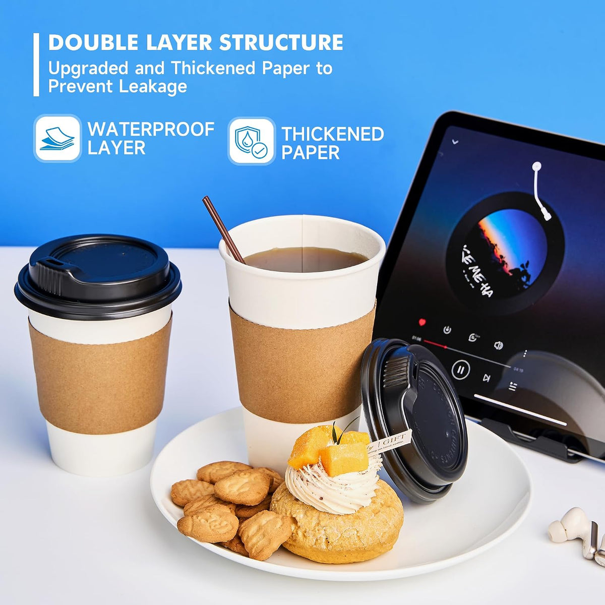 16 oz Paper Coffee Cups with Lids, Sleeves and Stirrers, 100 Pack