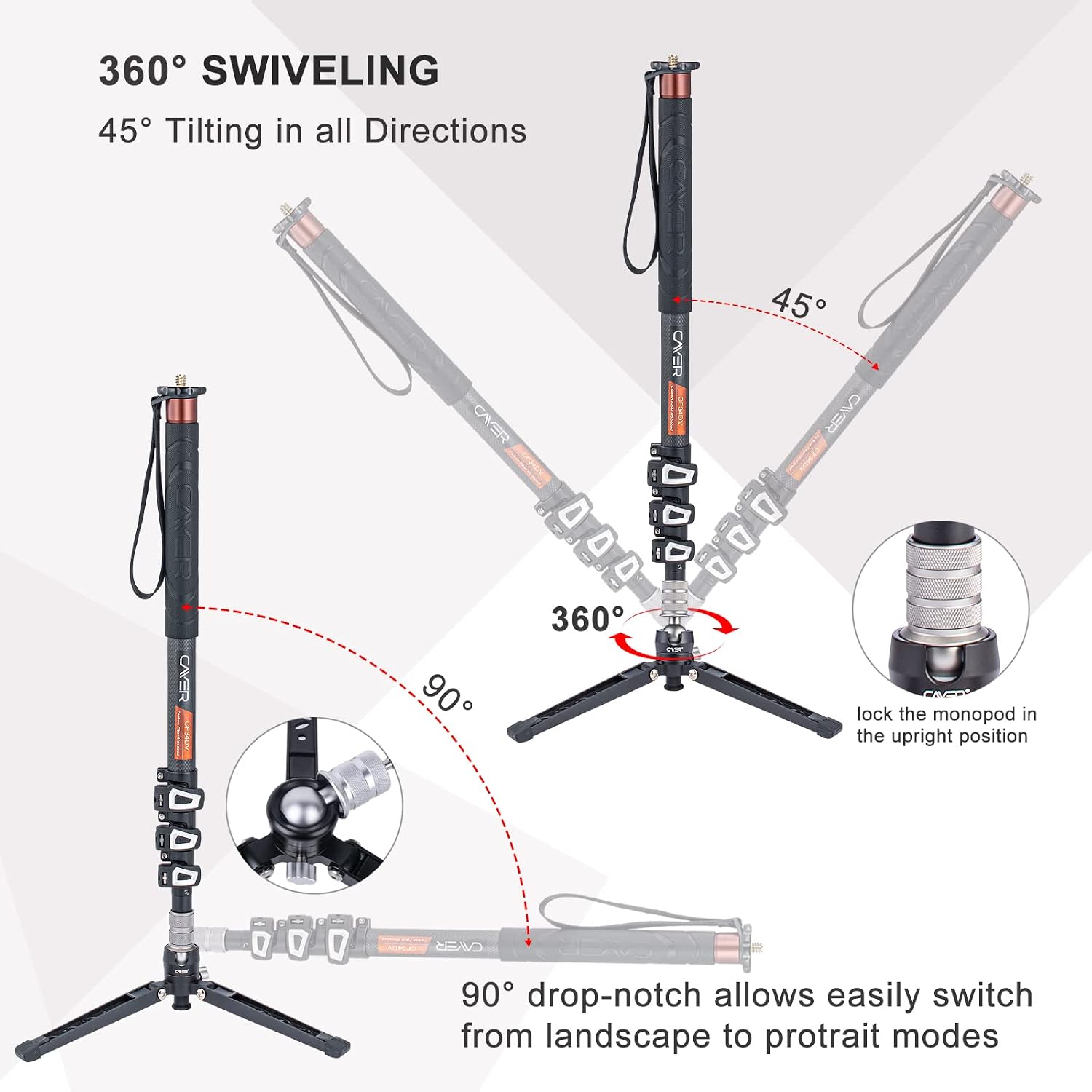 CF34DV Carbon Fiber Monopod, 68" with Folding Feet for Camera | Carbon Fiber Tube, Folding Feet, 4-Section, 68"