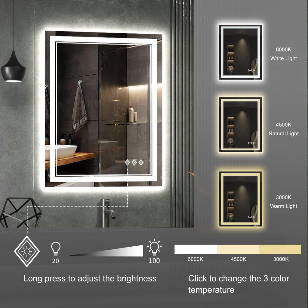 LED Bathroom Mirror, 24x32 Inch Vanity Mirror with Lights | Gradient Front and Backlit Bathroom Mirror with Lights, 3