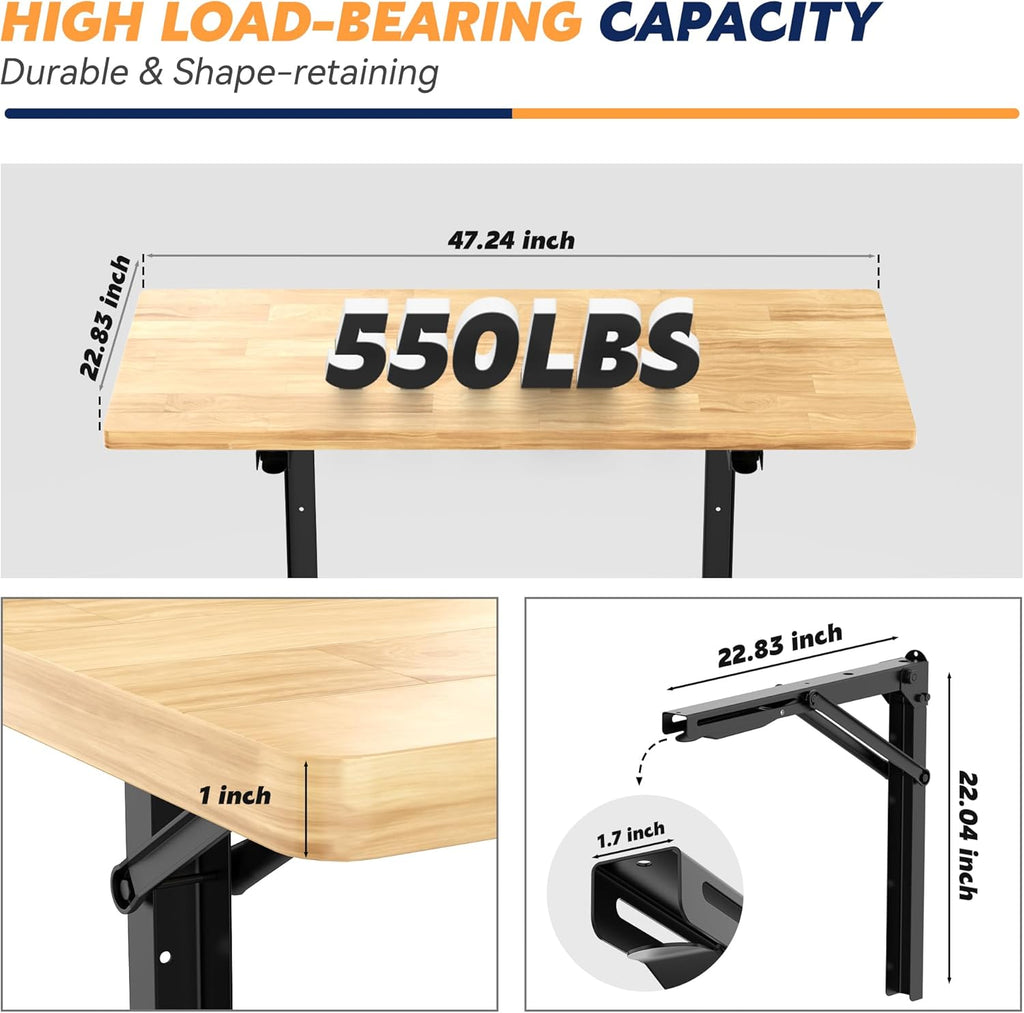 Wall Mounted Folding Workbench, Heavy Duty Foldable Work Table, Collapsible Desk for Workshop, Garage, Office, Home