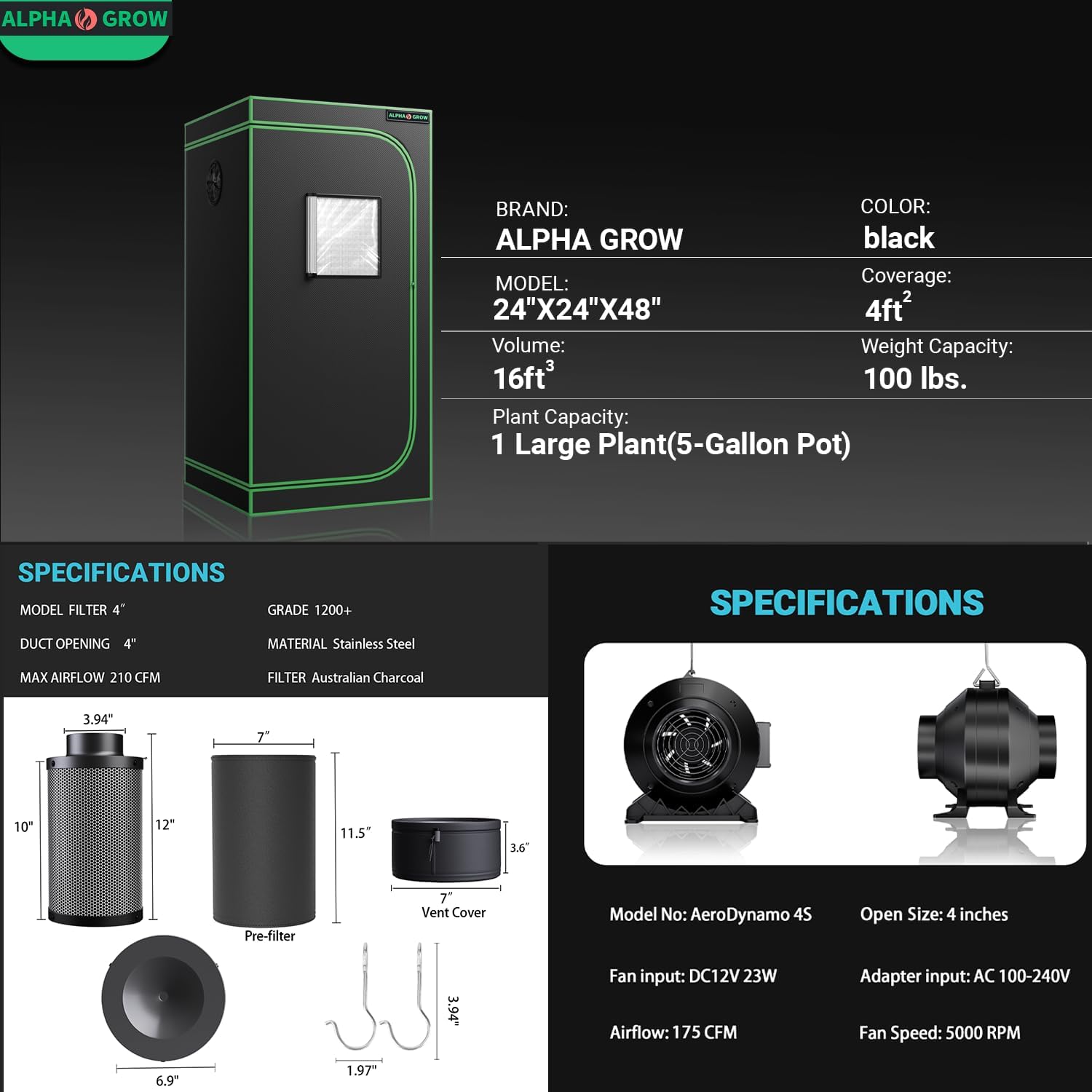 2x2 Grow Tent Kit with Fan and Carbon Filter, 24"x24"x48" 1680D Mylar Indoor Grow Tent Ventilation System with 4 Inch