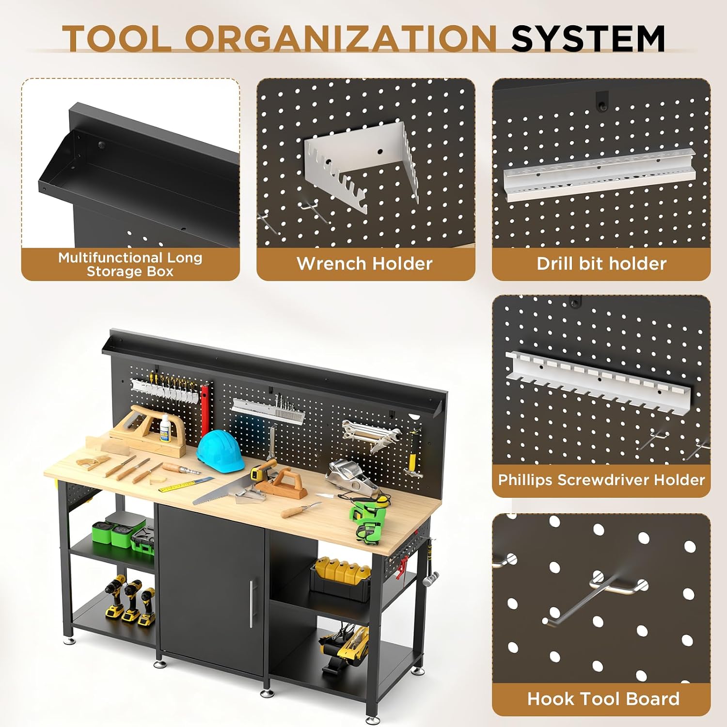 60 Inch Heavy Duty Workbench with Storage Cabinet, Wooden Top, 2000 lbs Capacity, Garage Work Table with Pegboard