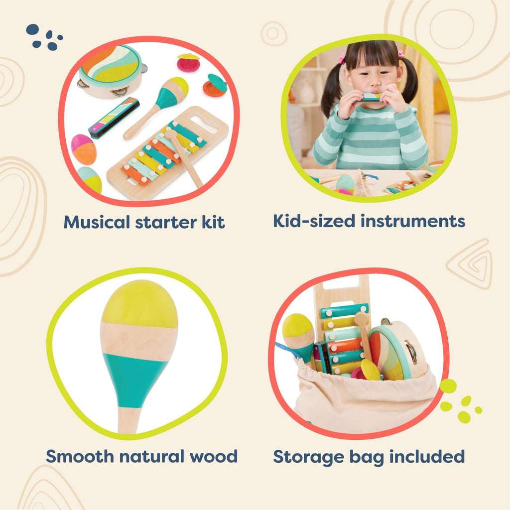 Wooden Musical Instruments, Make a Melody, 9-Piece Set, Interactive | Includes xylophone, tambourine, harmonica