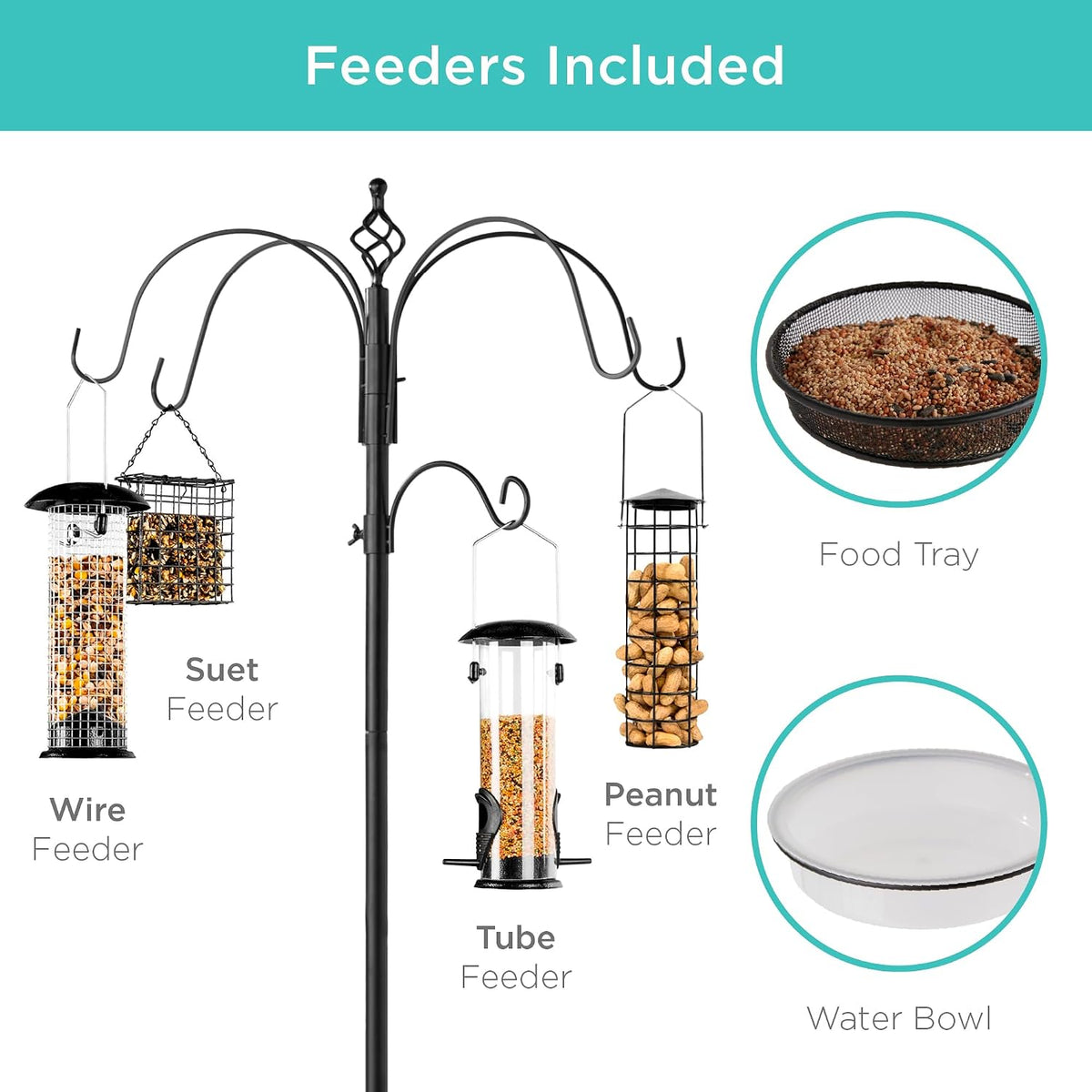 6-Hook Bird Feeding Station, Steel Multi-Feeder Kit Stand for Attracting Wild Birds w/ 4 Bird Feeders, Mesh Tray