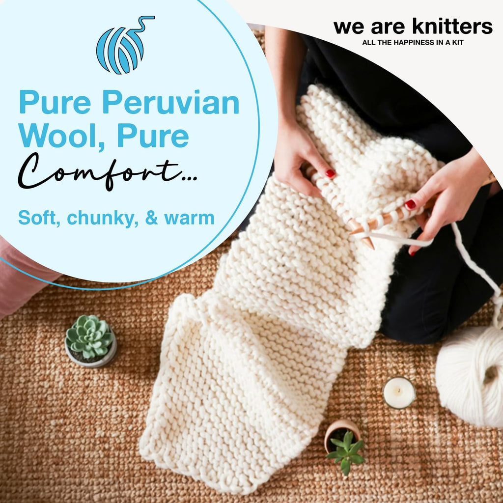 Blanket Knitting Kit for Beginners – DIY Cotton Throw Starter Set with Knitting Needles, Sewing Needle, Textile Label
