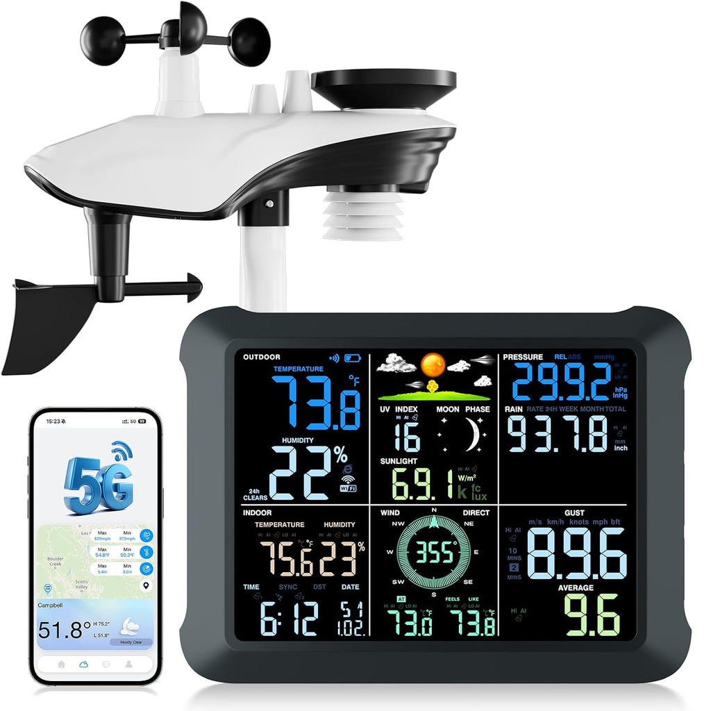 5G/2.4G WiFi Weather Station with 24/7 AI Weather Forecast, Weather Stations Wireless Indoor Outdoor, UV, Rain Gauge