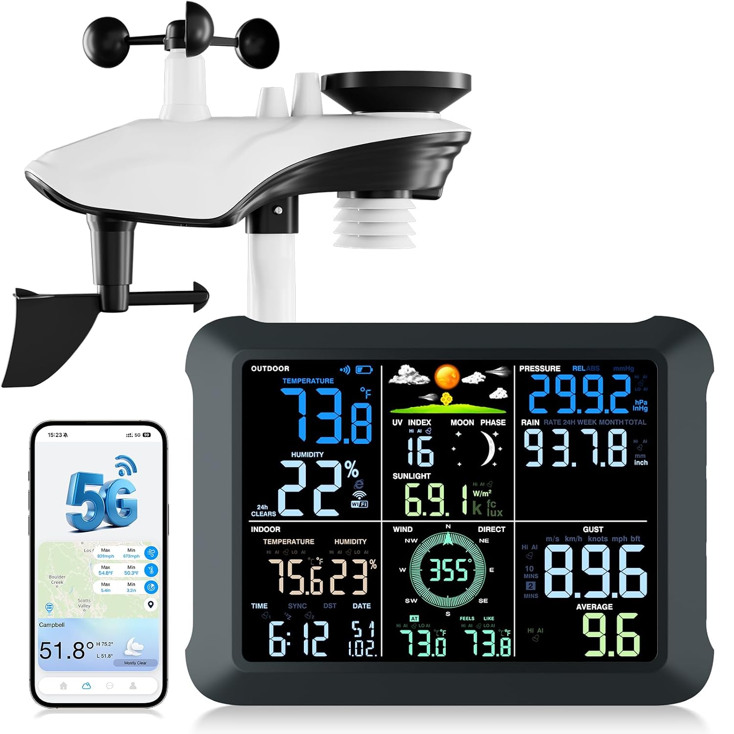 5G/2.4G WiFi Weather Station with 24/7 AI Weather Forecast, Weather Stations Wireless Indoor Outdoor, UV, Rain Gauge