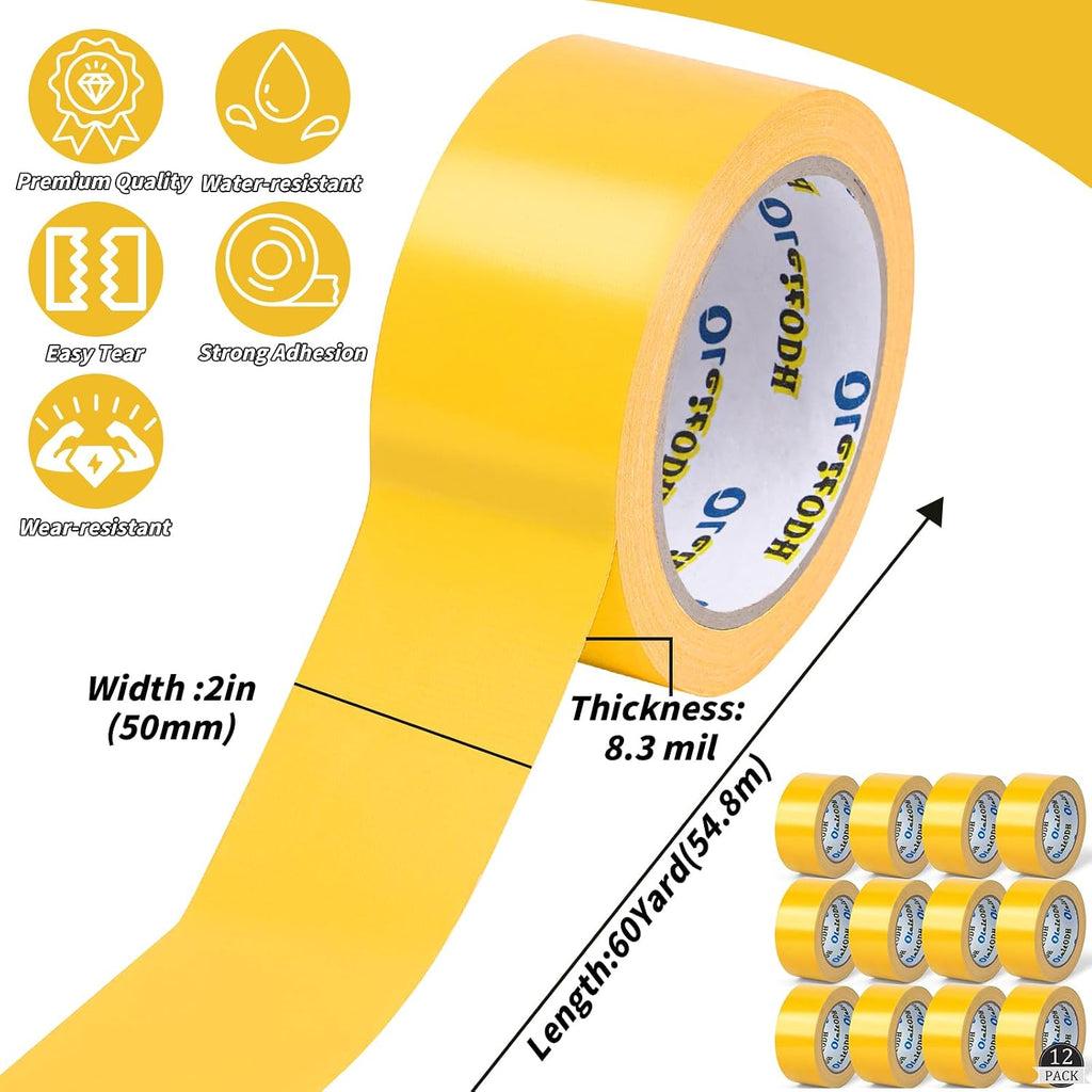 Yellow Duct Tape Bulk, 2 Inches x 60 Yards, 12 Pack