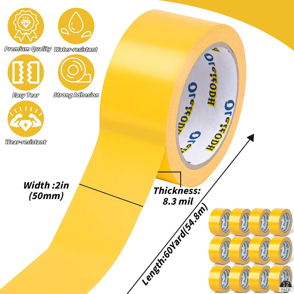 Yellow Duct Tape Bulk, 2 Inches x 60 Yards, 12 Pack