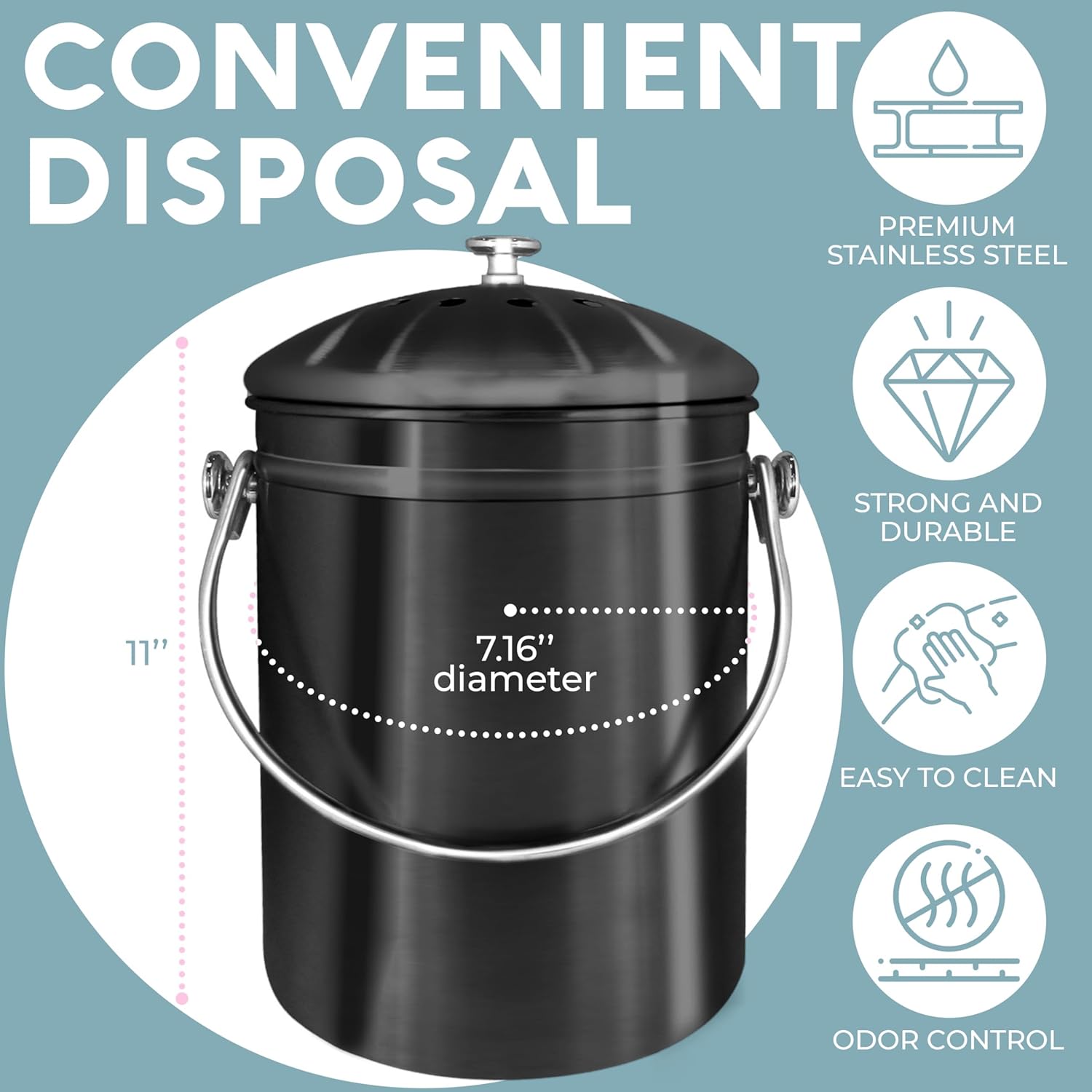 Kitchen Compost Bin for Kicthen Countertops, 1.3 Galllon - Black