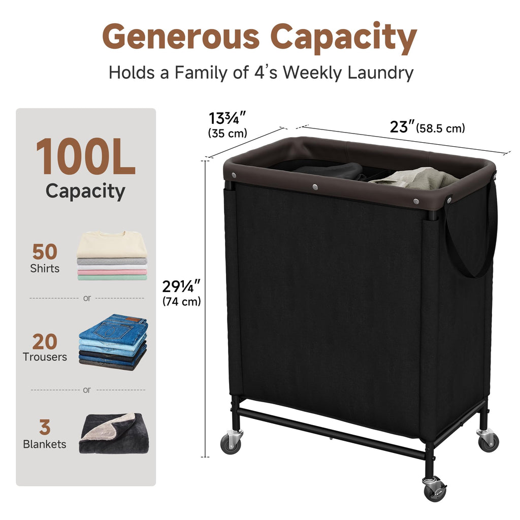 2 Section Laundry Hamper, 100L Black Sorter Cart with Wheels