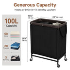 2 Section Laundry Hamper, 100L Black Sorter Cart with Wheels