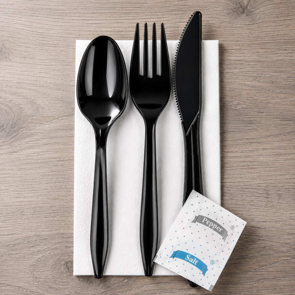 100 Pack Medium Weight Wrapped Black Plastic Cutlery Pack with Napkin and Salt/Pepper Packets (Black)