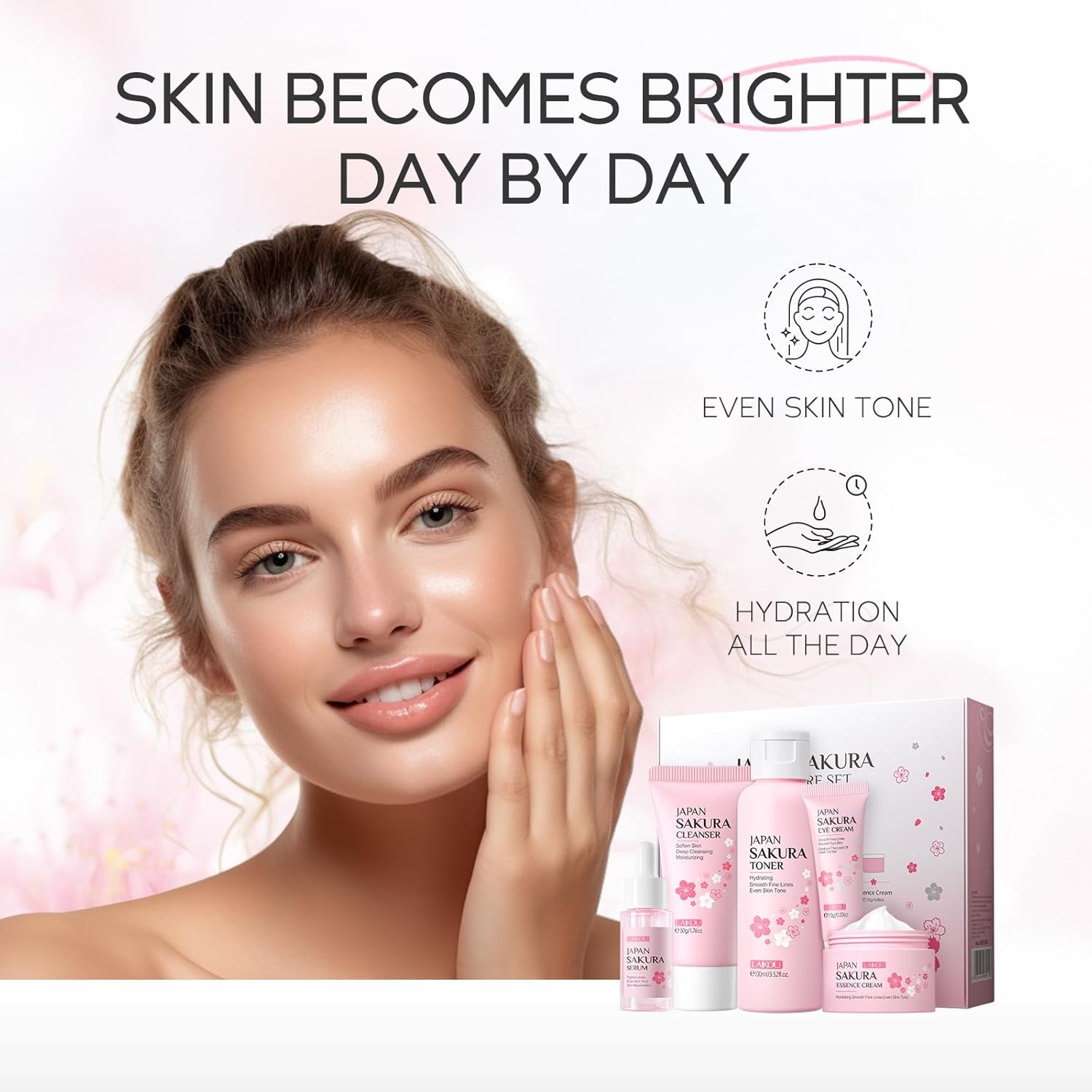 Skin Care Set JAPAN SAKURA Women Beauty Gift Sets Skin Care Kit with Cleanser, Toner, Serum, Eye Cream, Face Cream