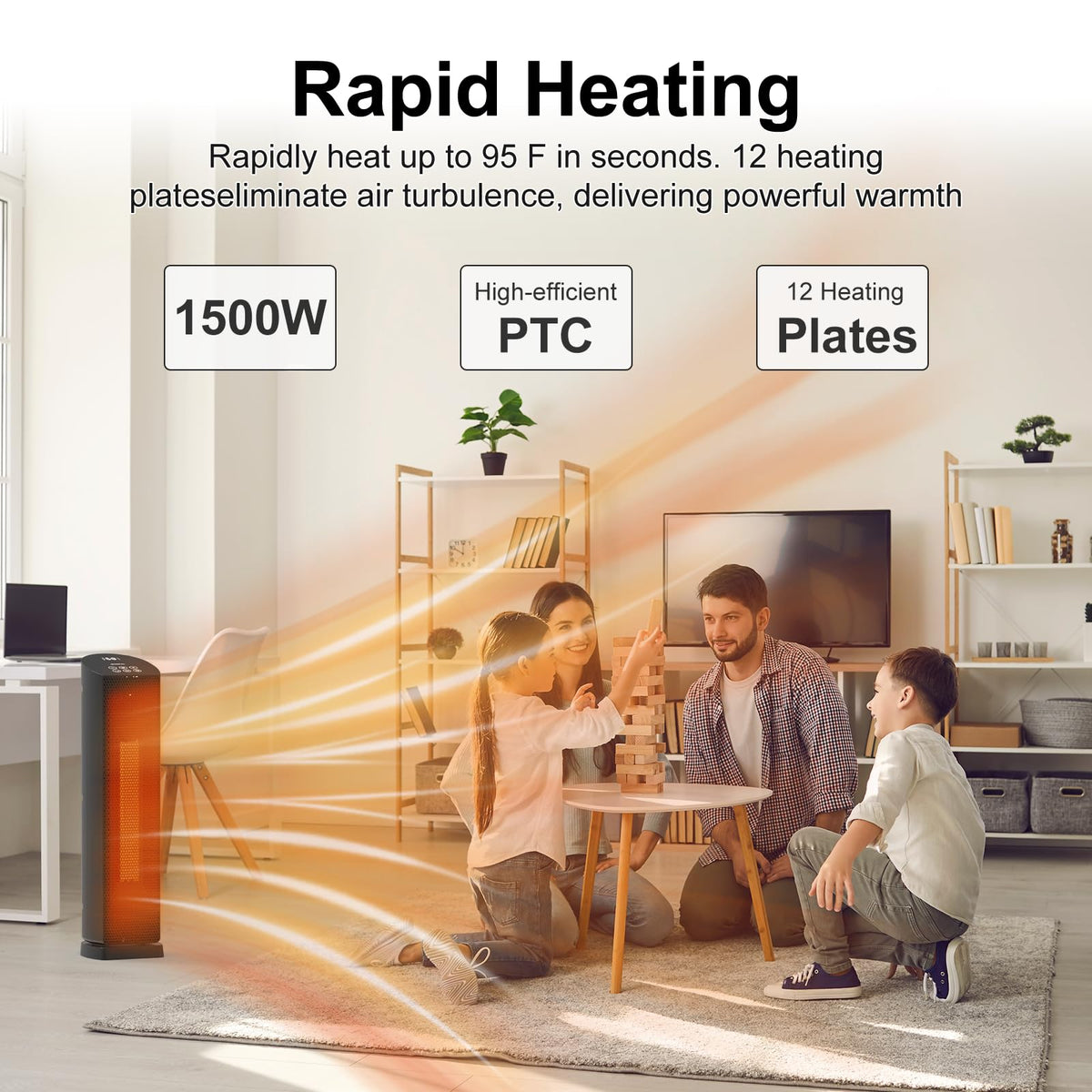Space Heater for Indoor Use - 24 inches 1500W Ceramic Heater with Remote Control, 12 Hour Timer, Oscillation, LED