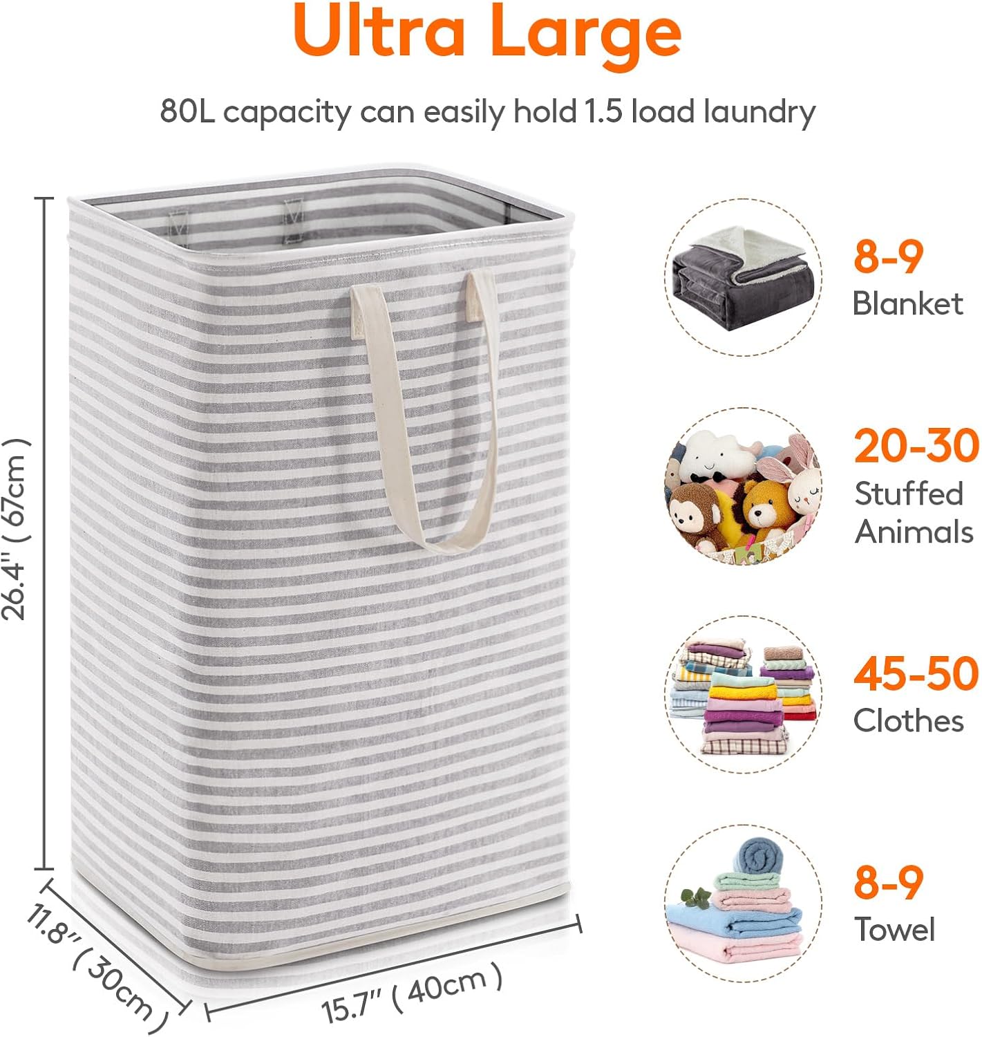 1 Pack Laundry Basket 80L Each, Collapsible Clothes Hamper with Reinforced Handles, Freestanding Waterproof Design