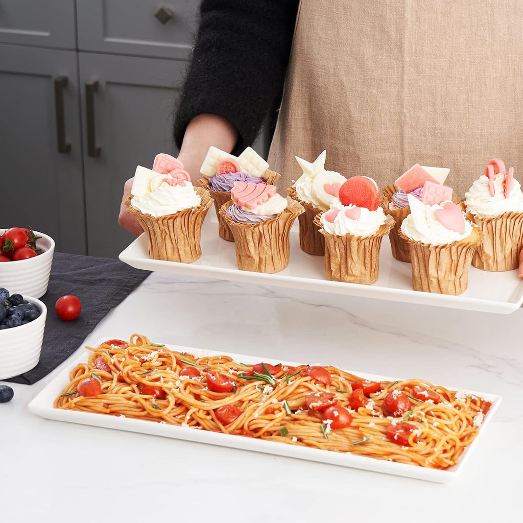 14.5" Rectangular Plates Set of 4 - Long Serving Trays for Sushi, Pasta, Chips, Appetizer, Cake - White Ceramic