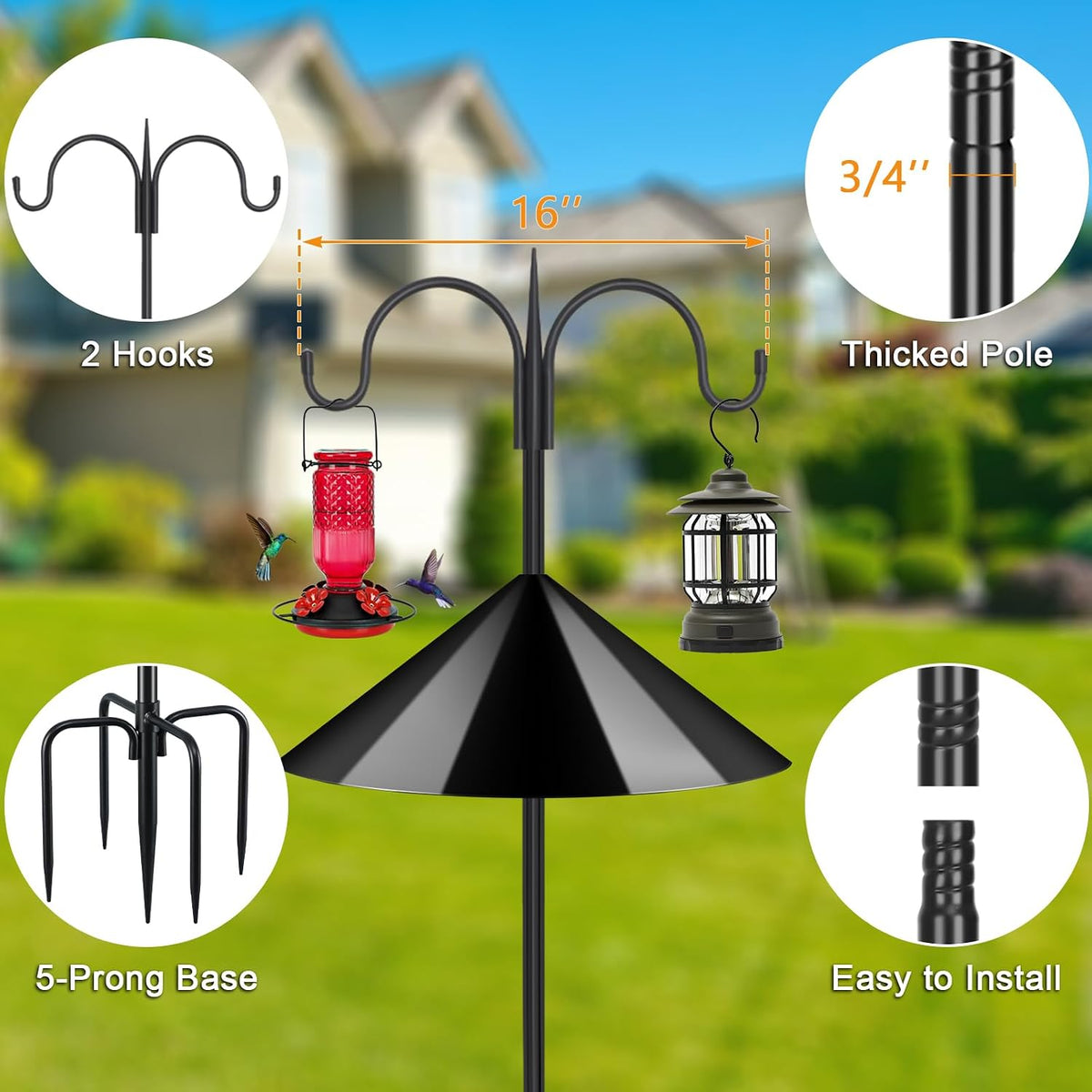 Heavy Duty Shepherds Hook Squirrel-Proof Bird Feeder Pole 92" Double Hooks 5-Prong Base & 19" Baffle for Outdoor