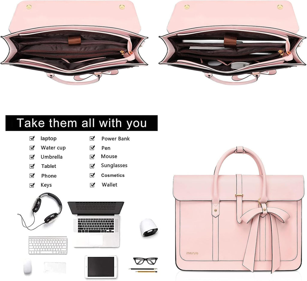 Laptop Bag for Women, PU Leather Laptop Shoulder Bags Convertible Backpack, Work Travel Computer Bag with Bowknot