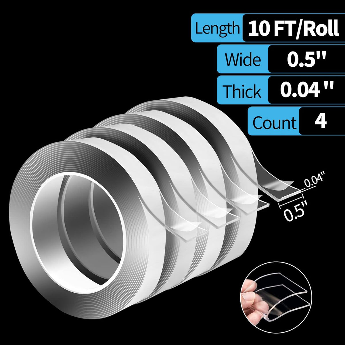 Traceless Double-Sided Tape, 1/24" x 1/2" x 10', 4 Rolls, Crystal