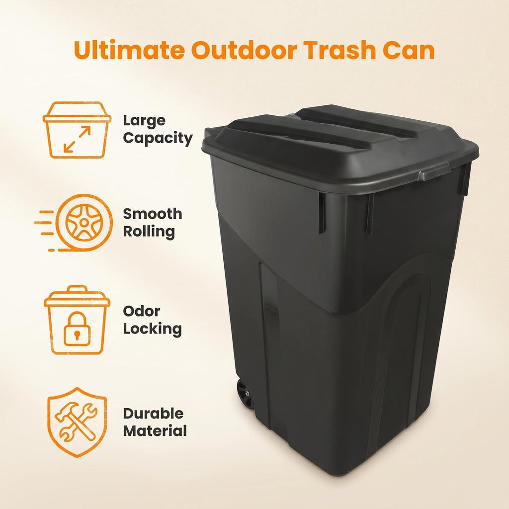 45 Gallon Outdoor Trash Can with Lid, Heavy-Duty Wheeled Garbage Bin with Easy-Grip Handle & Bottom Groove, Black