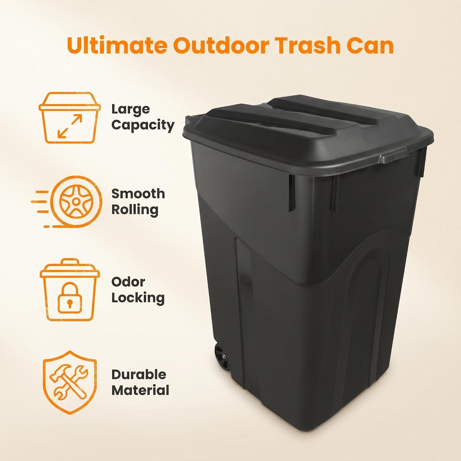 45 Gallon Outdoor Trash Can with Lid, Heavy-Duty Wheeled Garbage Bin with Easy-Grip Handle & Bottom Groove, Black