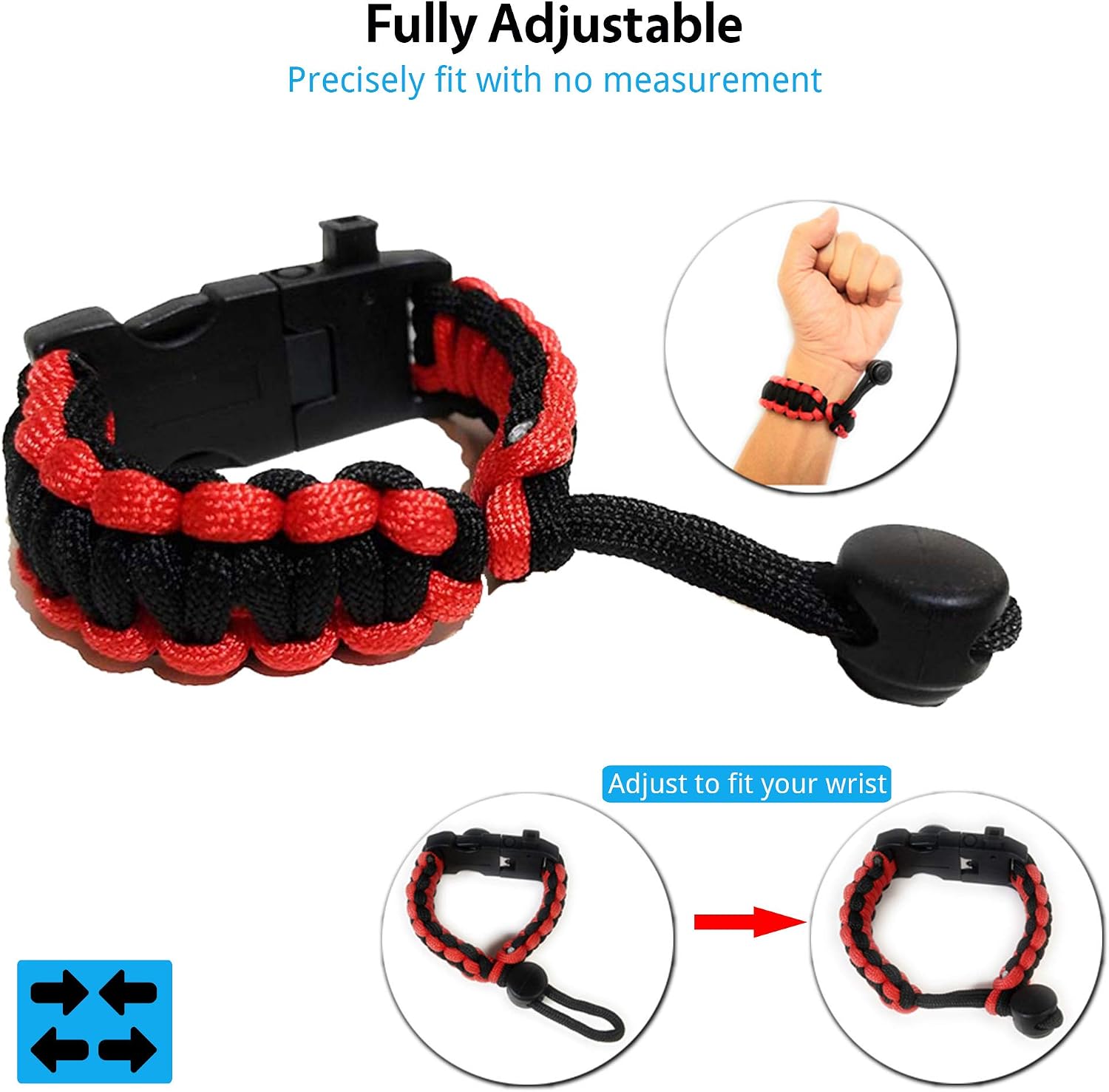 Survival Paracord Bracelet Set of 2 - SOS LED Light, Fire Starter, Compass, Whistle & Multitools - 550 Grade