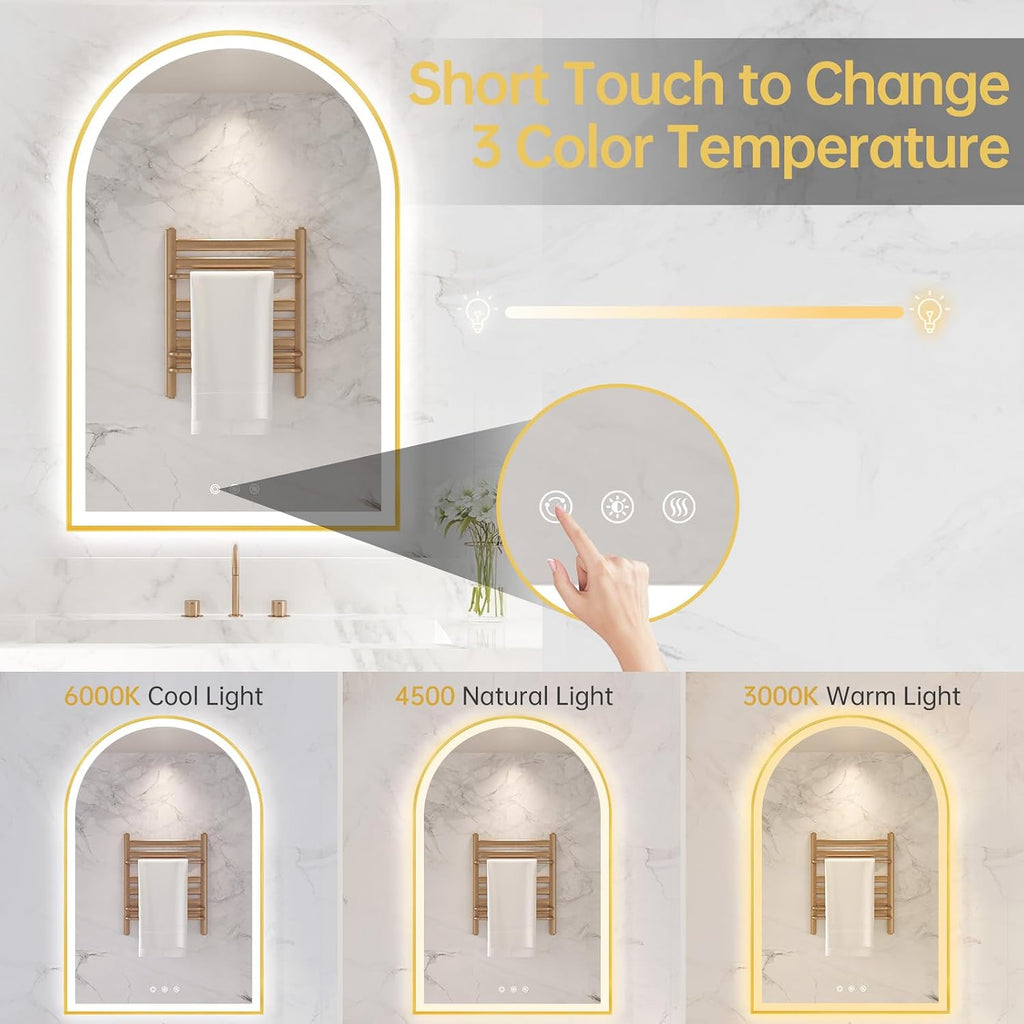 24"x36" Arched LED Lighted Bathroom Mirror with Lights | Gold Aluminum Frame, Fogless, Dimmable, Shatterproof, Touch