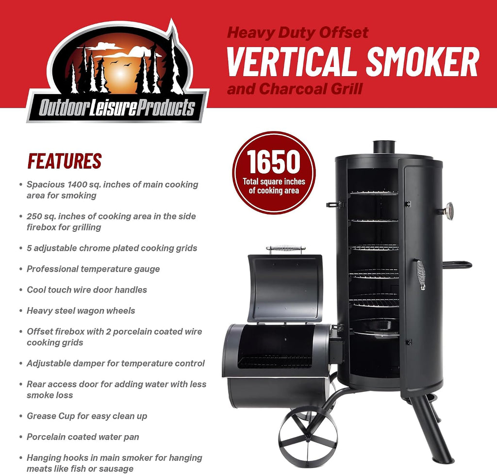 OLP8520VS Outdoor Multi Level Vertical Smoker and Charcoal Grill, 1,650 Square Inch Cooking Surface, Black
