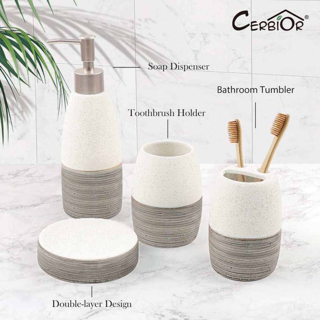 Bathroom Accessories Set,4 PCS Ceramic Bath Accessory,Grey White | Includes Toothbrush Holder, Toothbrush Cup, Soap