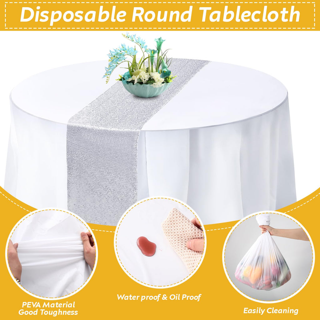 12 Pack Round Plastic Tablecloth Sequin Runner Set, Silver, White