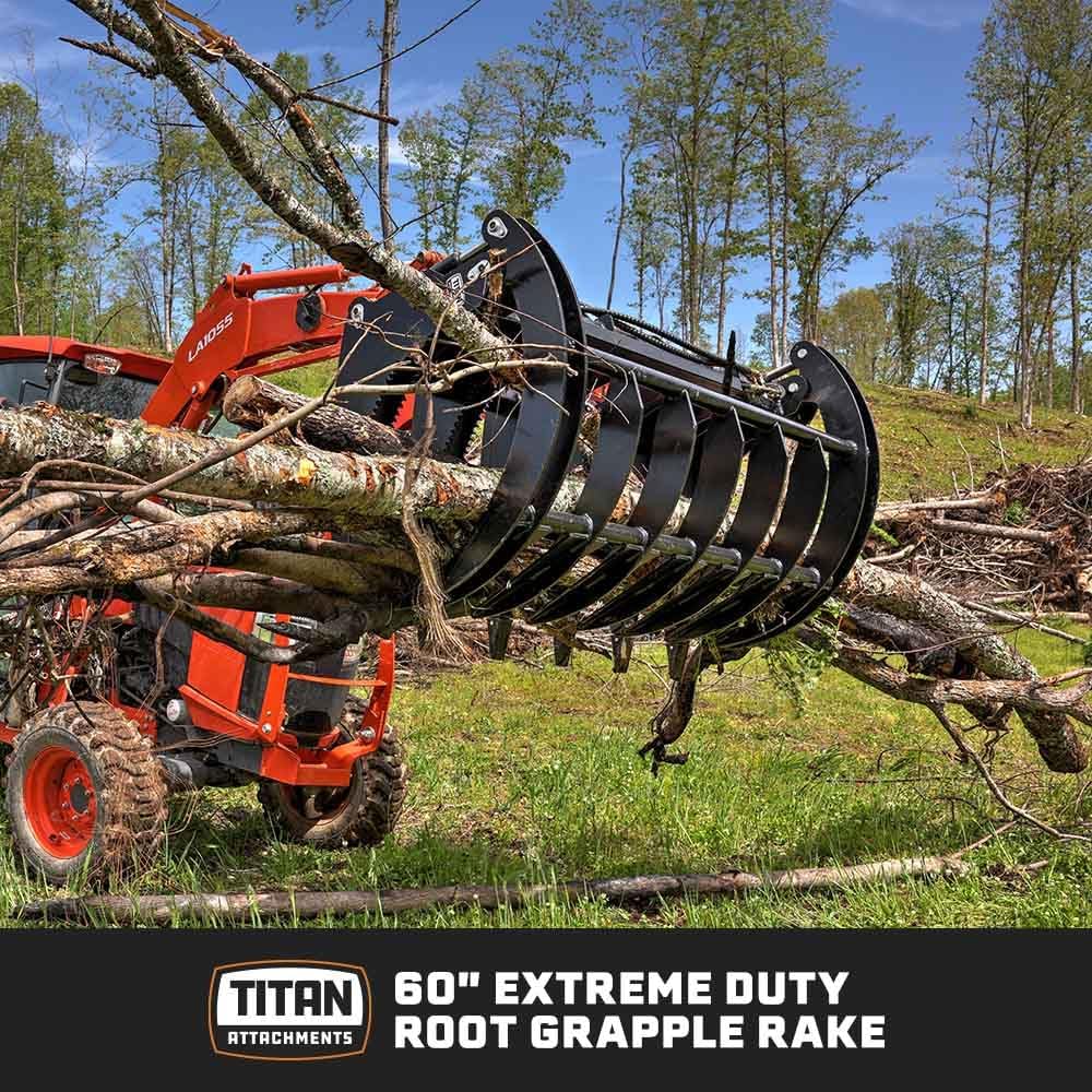 60" Extreme Root Grapple Rake Attachment, Universal Quick Tach Connection, Twin 3,000 PSI Cylinders, Replaceable