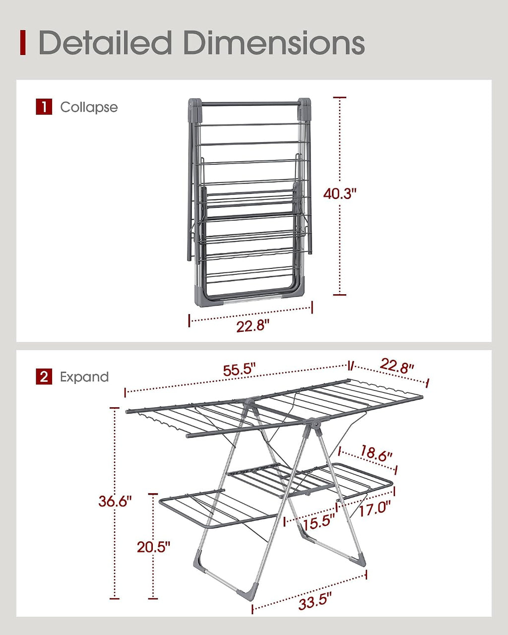 Clothes Drying Rack, Foldable 2-Level with 55.5" Adjustable Wings | Laundry Room, Bedroom, Indoor & Outdoor Use