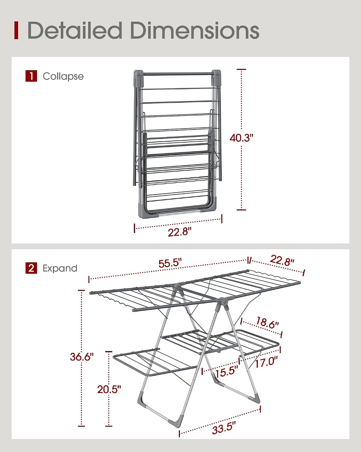 Clothes Drying Rack, Foldable 2-Level with 55.5" Adjustable Wings | Laundry Room, Bedroom, Indoor & Outdoor Use