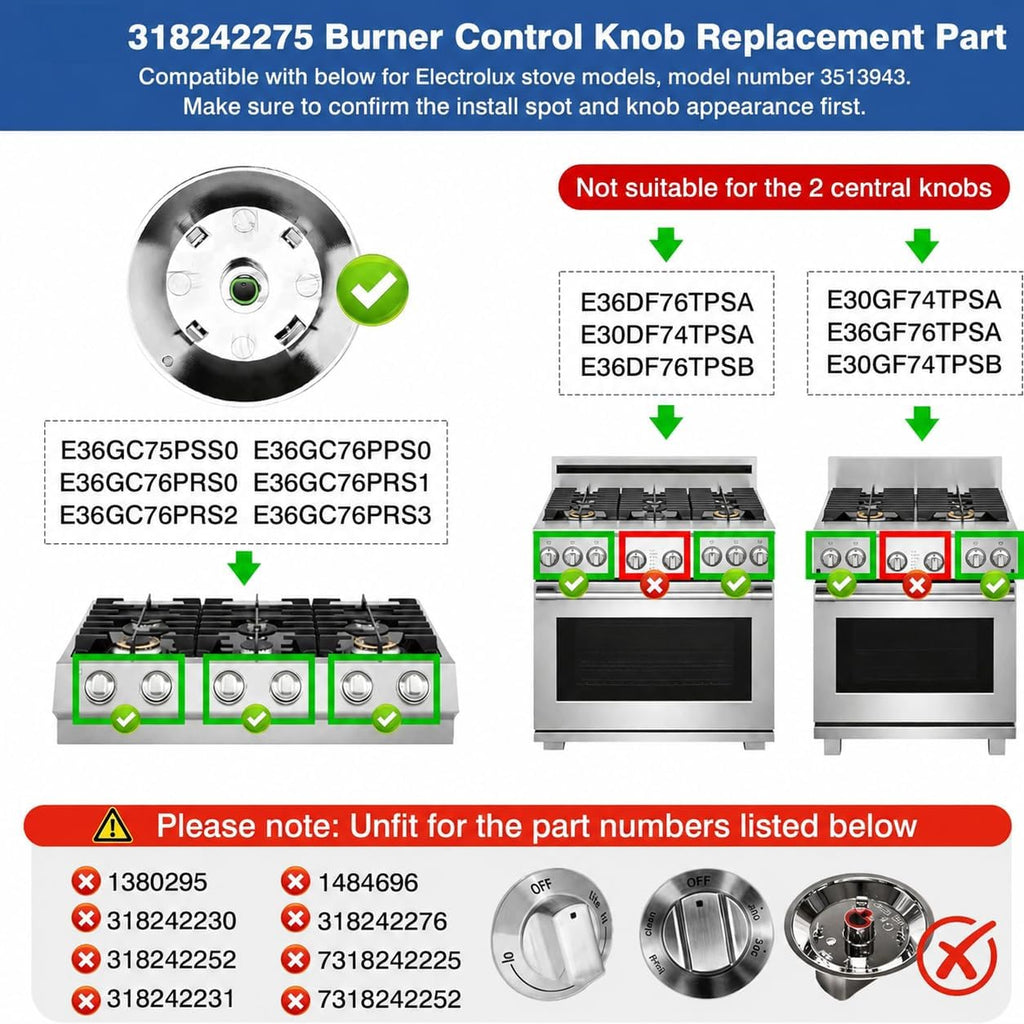 318242275 Burner Control Knob Replacement for electrolux Gas Stove Range Cooktop, Fits E30DF74TPSA E30GF74TPSA E36DF76TPSB, Replace 3513943 AP5809411 PS9495232 EAP9495232 (1)