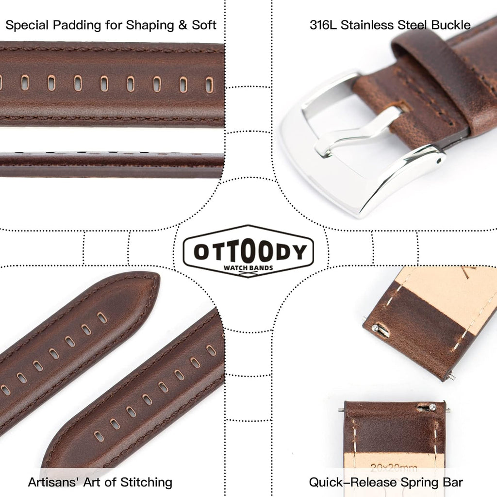 Leather Watch Bands Quick Release, Elegant Top Grain Leather Watch Straps for Men & Women, Choice of Color & Width