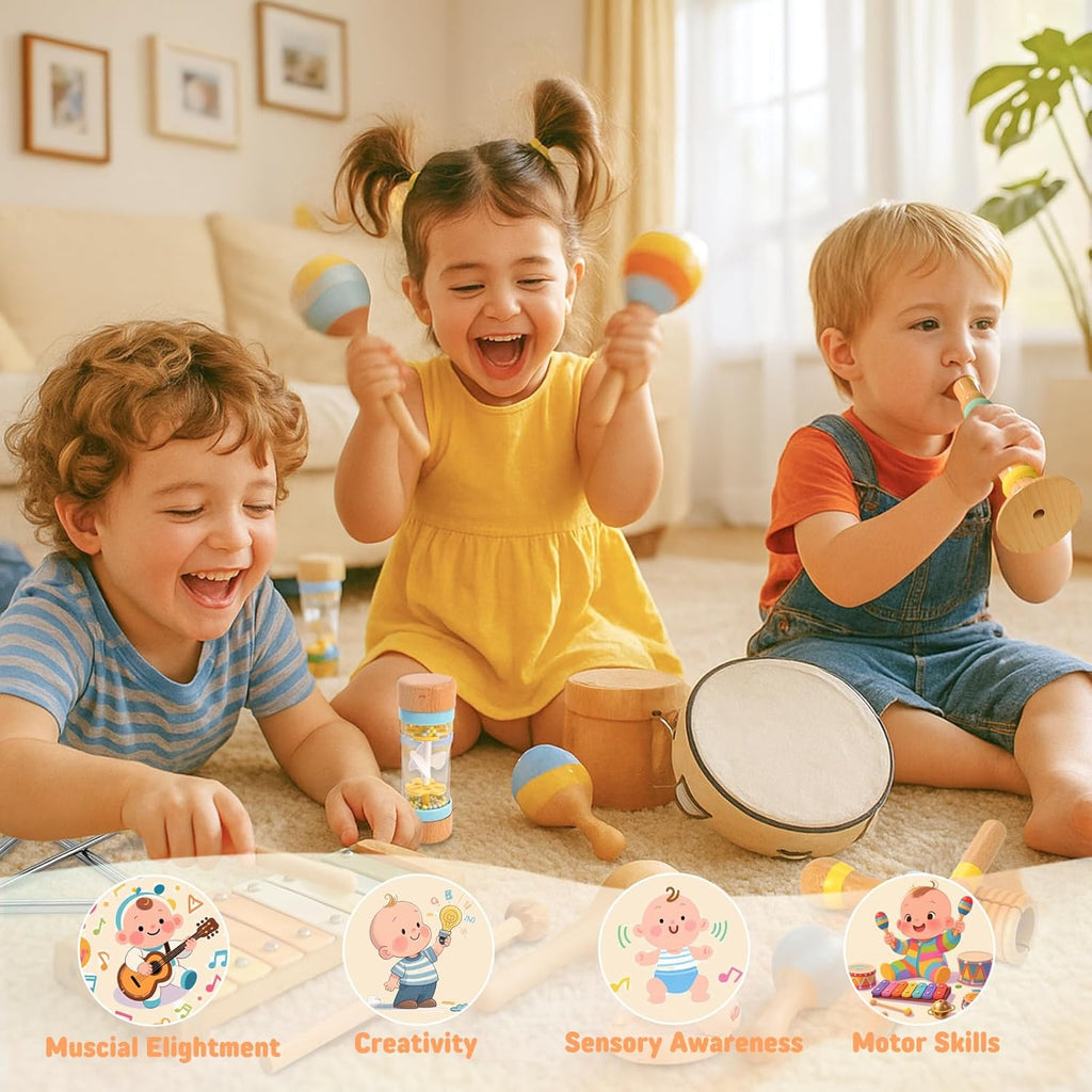 Baby Musical Instruments for Toddlers 1-3, 12PCS Montessori Musical Toy Set with Xylophone, Drum, Maracas...Perfect