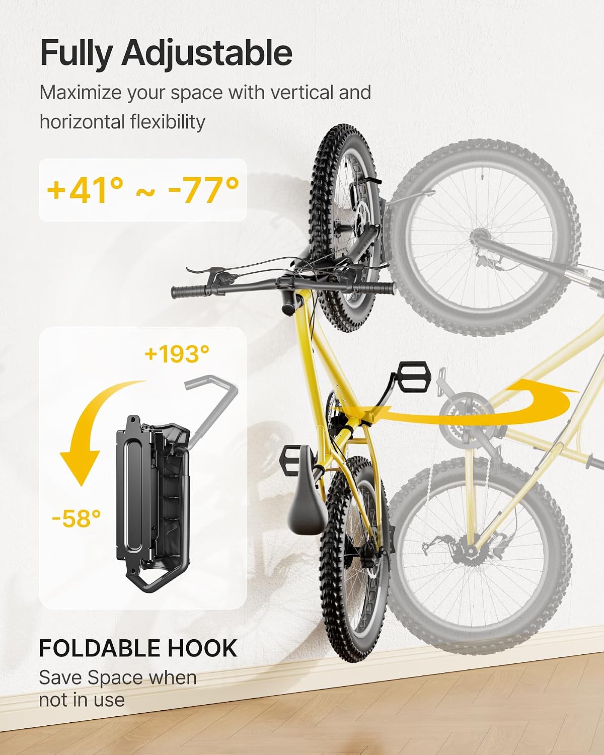 Swivel Bike Wall Mount for Fat Tire, Up to 4.5" Tire Width, 4 Pack | Swivel Bike Wall Hanger, Holds Up to 77lbs