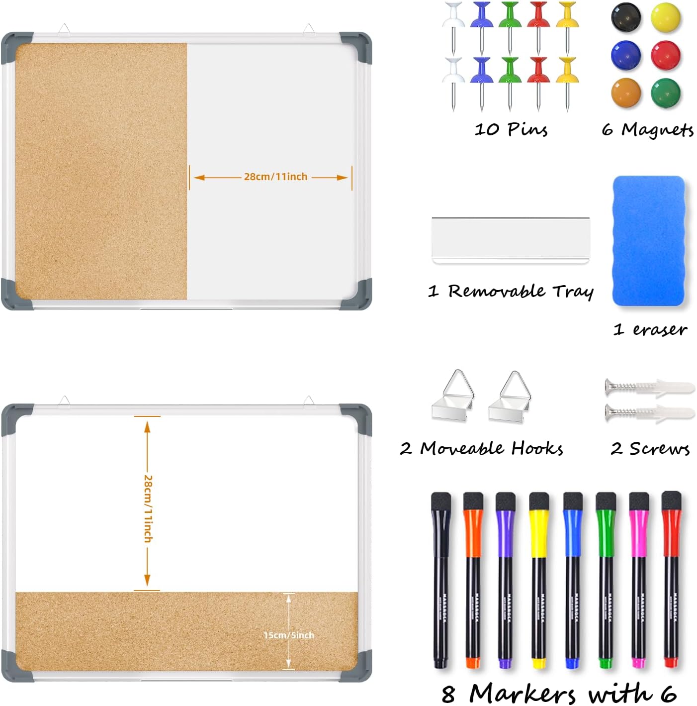 White Board Cork Board Combo, 24×18 inch for Office, Home, School, Vision Board, Pin Bulletin, Markers, Eraser
