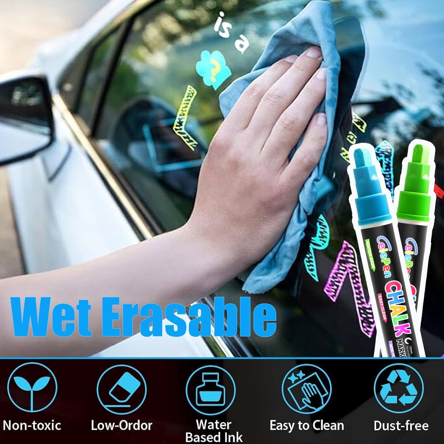 Window Chalk Markers for Cars Glass Washable, 8 Colors Jumbo Liquid Chalk Marker Pens with 10mm 3 in 1 Nib Wide Tip