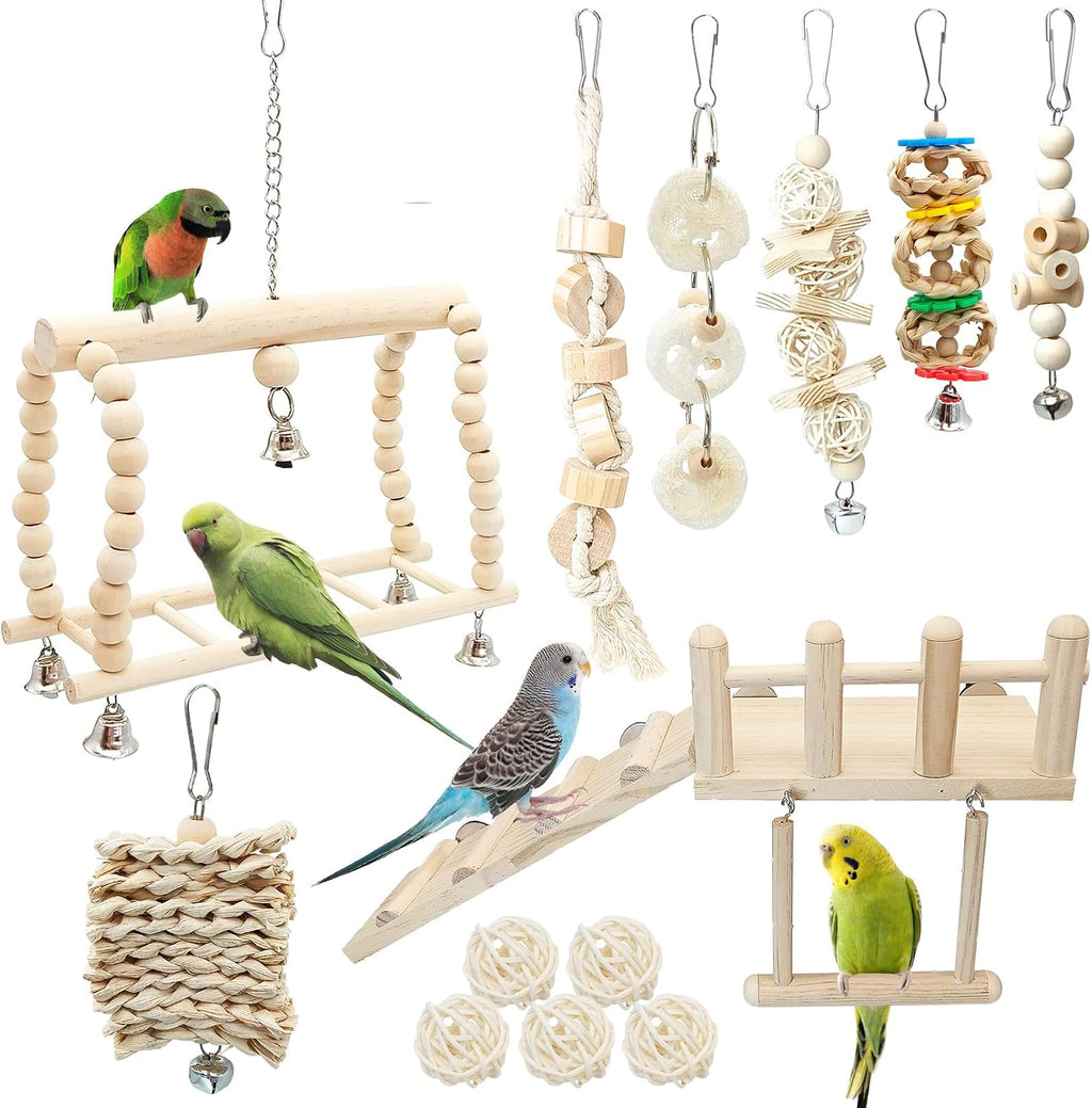 13Pcs Parrot Swing Chew Toys Bird Perches Platform with Climbing Ladder Hanging Cage Accessories for Parakeet
