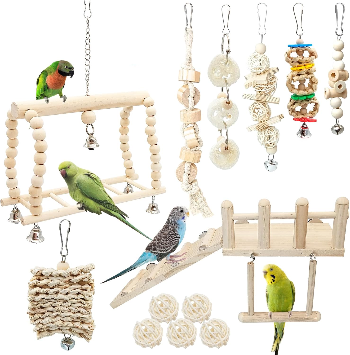 13Pcs Parrot Swing Chew Toys Bird Perches Platform with Climbing Ladder Hanging Cage Accessories for Parakeet