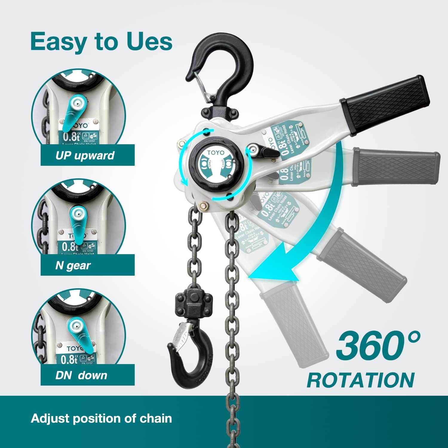 Lever Chain Hoist 1750Lbs 10ft,Chain Come Along 0.8T 10Ft Ratchet Chain Puller Hoist Alloy Steel G80 Chain 2 Heavy