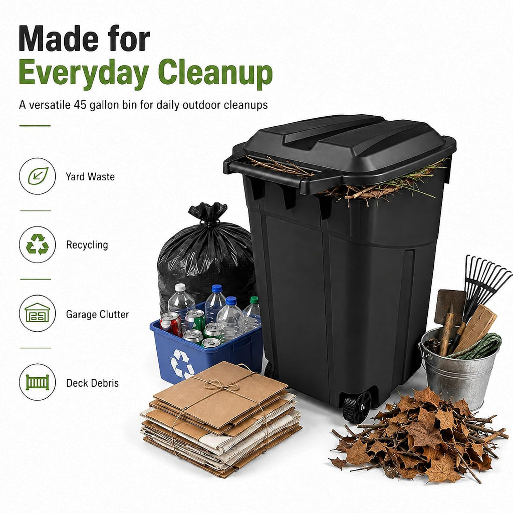 45 Gallon Wheeled Outdoor Trash Can Heavy Duty Garbage Bin with Lid | Secure snap lock lid and rugged wheels for