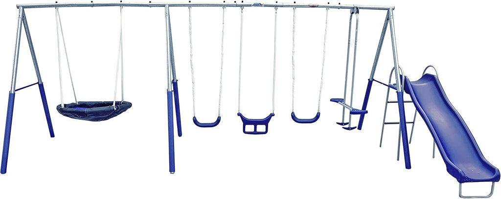 Fun Forever Swing Set with 6' Wave Slide - 8 User / 6 Station Easy Assembly Galvanized Metal Backyard Play Kids Swing